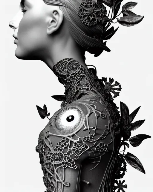 Image similar to monochrome 3 d model, profile portrait 1 8 9 0 picture, silver lace floral steampunk biomechanical beautiful young female cyborg with techno eye, volumetric light, leaves foliage and stems, hibiscus flowers, sinuous fine roots, fine foliage lace, alexander mcqueen, rim light, big gothic fashion pearl embroidered collar, octane render, dutch masters, 8 k