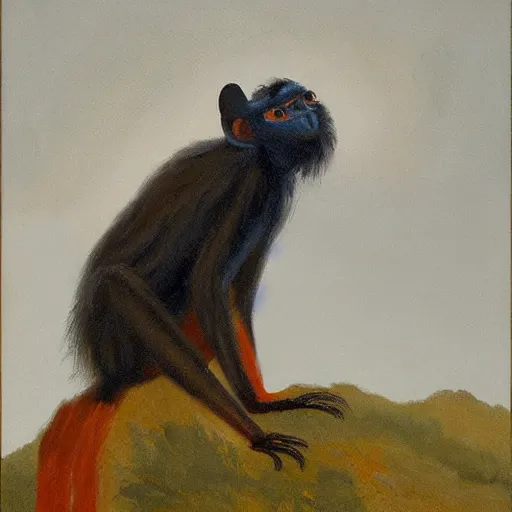 Prompt: long - eared monkey - crow creature wearing a raincoat, tonalist painting, prussian blue and pyrrol scarlet, dramatic lighting