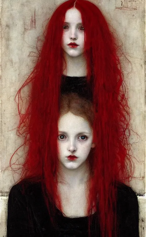 Prompt: portrait of girls with long red hair in black dress, under red water, very beautiful style, girl wrapped in black leather, photorealism, edgard maxence,