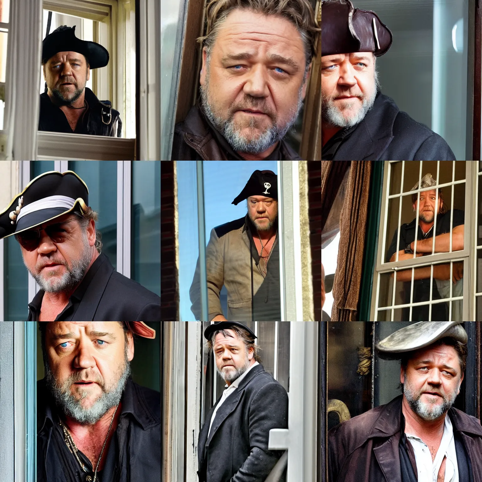 Prompt: russell crowe wearing a pirate hat behind a window staring towards the camera