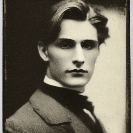 Image similar to headshot edwardian photograph of dorian gray, extremely handsome, 1 9 2 0 s, realistic face, 1 9 3 0 s photography, 1 9 0 0 s, grainy, slightly blurry, victorian