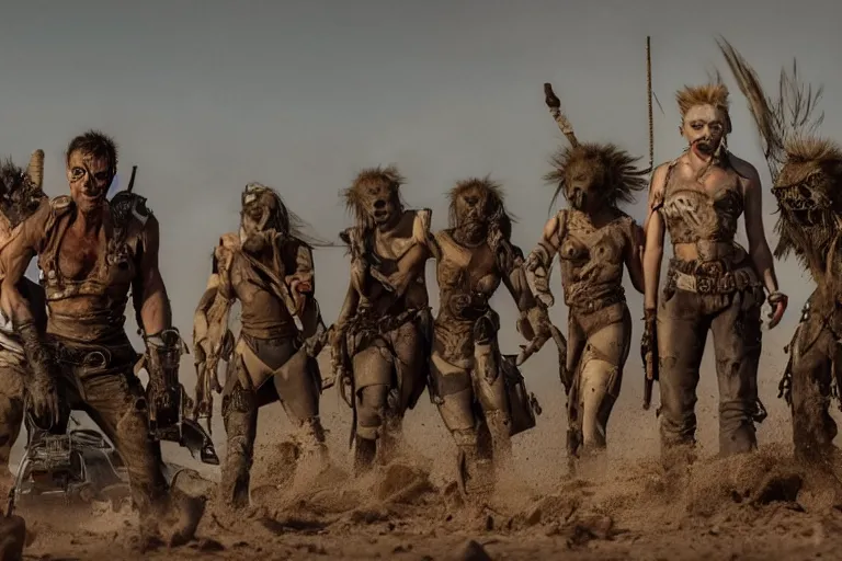 Prompt: a film still from the movie mad max fury road of the anthropomorphic anthro hyena crocuta raiders wearing scavenger clothes standing in the post apocalyptic wasteland