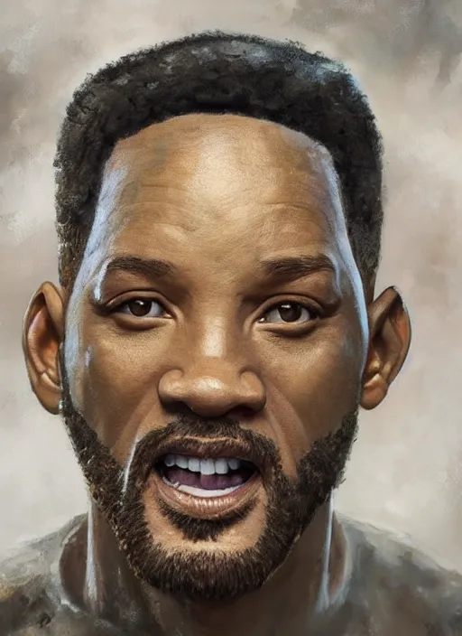 Prompt: portrait of will smith made out of rocks, au naturel, hyper detailed, digital art, trending in artstation, cinematic lighting, studio quality, smooth render, unreal engine 5 rendered, octane rendered, art style by klimt and nixeu and ian sprigger and wlop and krenz cushart