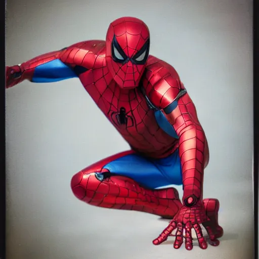 Image similar to a single iron man and spider - man hybrid, dslr, polaroid