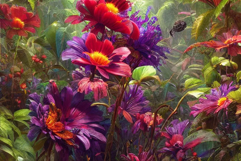 Prompt: artstation photo of a vibrant exotic jungle flower, shiny colorful, hyperdetailed, artstation trending, world renowned artists, flower artworks society, antique renewel, cgsociety, by greg rutkowski, by Gustave Dore, Deviantart