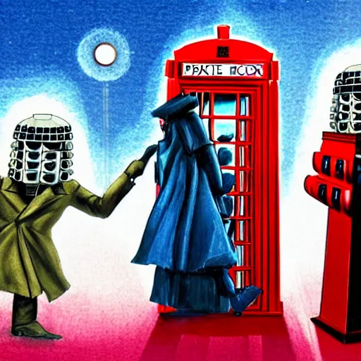 Prompt: doctor and daleks in one team, fighting against amy, in front for a telephone box in london, very detailed and artistic