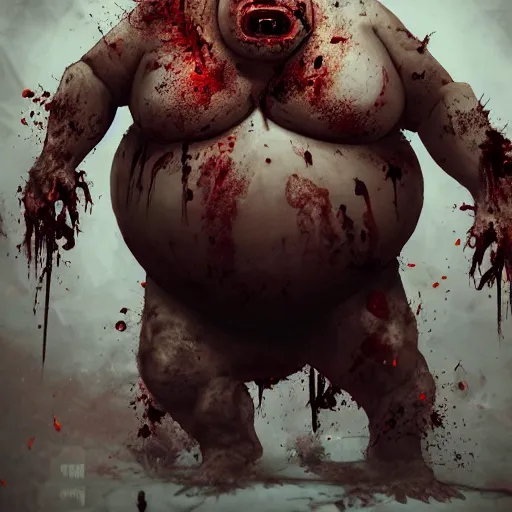 Image similar to angry extremely fat obese giant boated rotting zombie, full body portrait, with clothese, horror core, apocalyptic, feeling of grimdark, sharp focus, fiction, hyper detailed, digital art, trending in artstation, cinematic lighting, studio quality, smooth render, unreal engine 5 rendered, octane rendered, art style and nixeu and wlop and krenz cushart