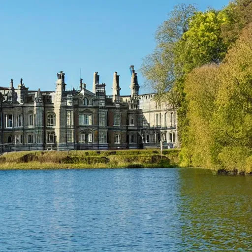 Prompt: photograph of a grand victorian college building in the countryside by a large lake. well lit and blue sky