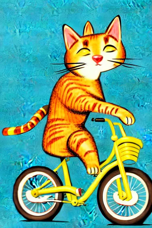 Image similar to a 1 9 5 0 s retro illustration. a cat riding a bike. by richard scarry. muted colors, detailed