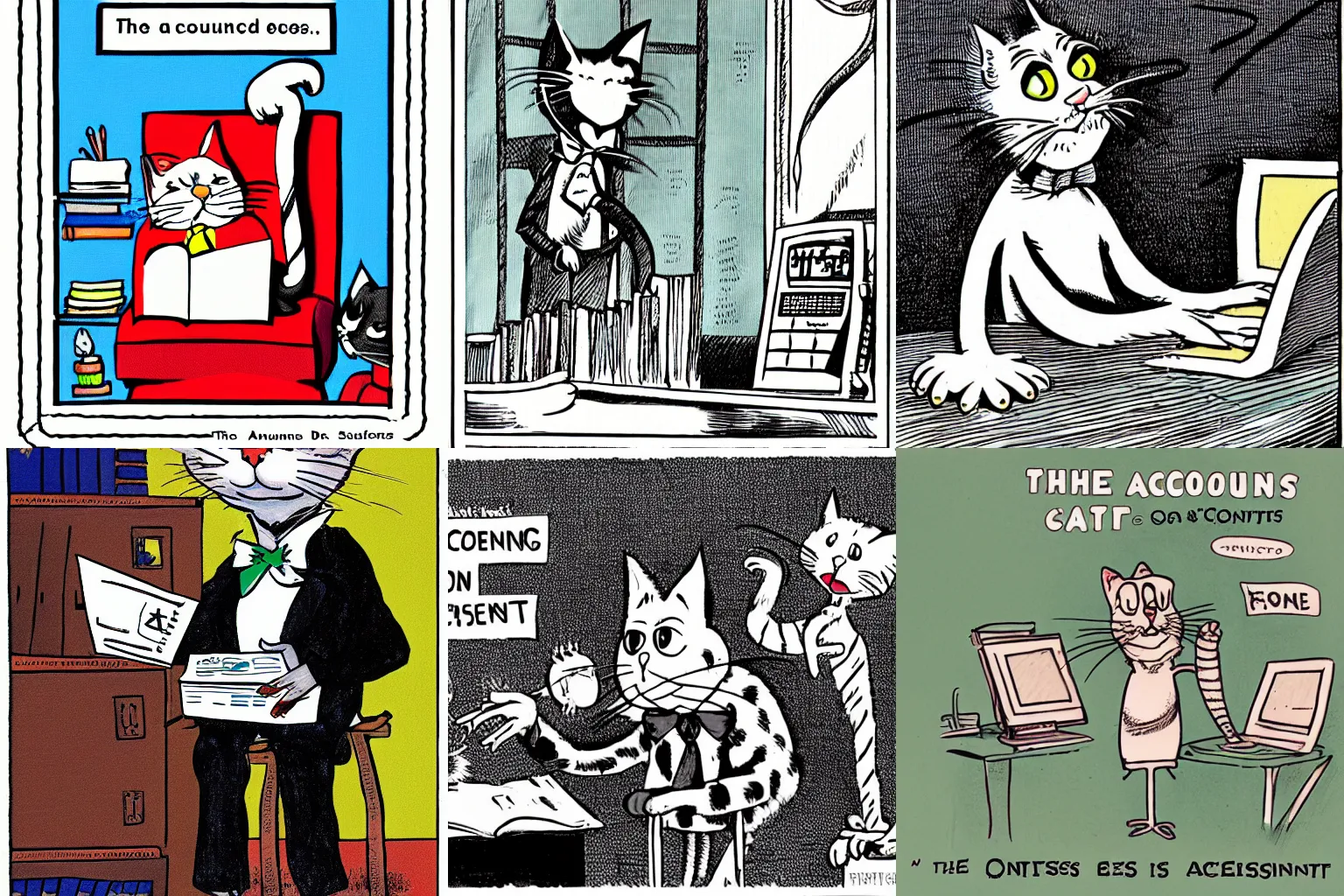 Prompt: the cat was the only reason the accounting department functioned at all, illustration, by Dr. Seuss