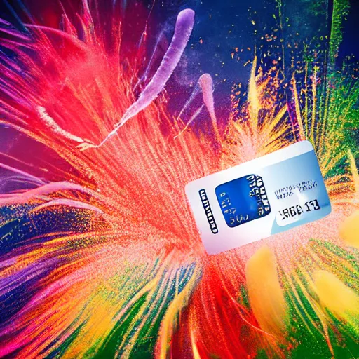 Prompt: credit cards fly through the air at a centered explosion of colorful powder on background by maxvanzwerg