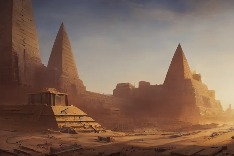 Prompt: futuristic oriental egyptian city, matte painting, long shot, concept art, wide shot, digital art, trending on artstation, 4 k, extremely detailed, realistic, midday, warm colors, golden sunlight, by greg rutkowski, cinematic, epic