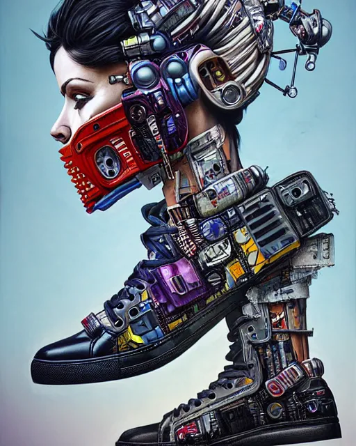 Prompt: an anthropomorphic cyberpunk futuristic sneaker by sandra chevrier, by jon foster, detailed render, cybernetics, 4 k realistic, fender stratocaster, cryengine, realistic shaded lighting, sharp focus, masterpiece, by enki bilal