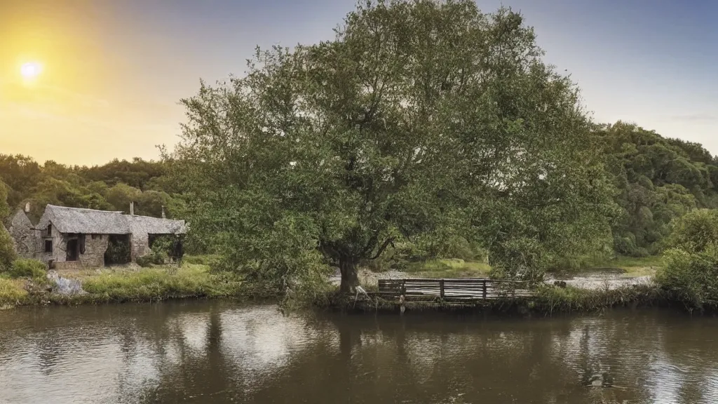 Image similar to small grey wooden cottage by the river, a tree with vines wrapped around it, two crows singing on the tree, tranquility, arch bridge over the river, the bridge path to remote, chill wind, an old man riding a skinny horse on the road, sunset