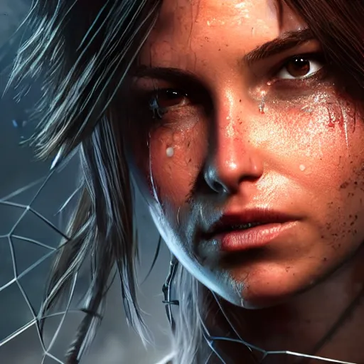 Prompt: Lara croft as spiderwoman,face wet, heavy rain ,dramatic, intricate, highly detailed, concept art, smooth, sharp focus, illustration, Unreal Engine 5, 8K