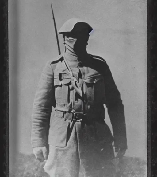 Image similar to a soldier wearing a cloth over face and head in distance, ww1 film photo, grainy, high detail, high resolution