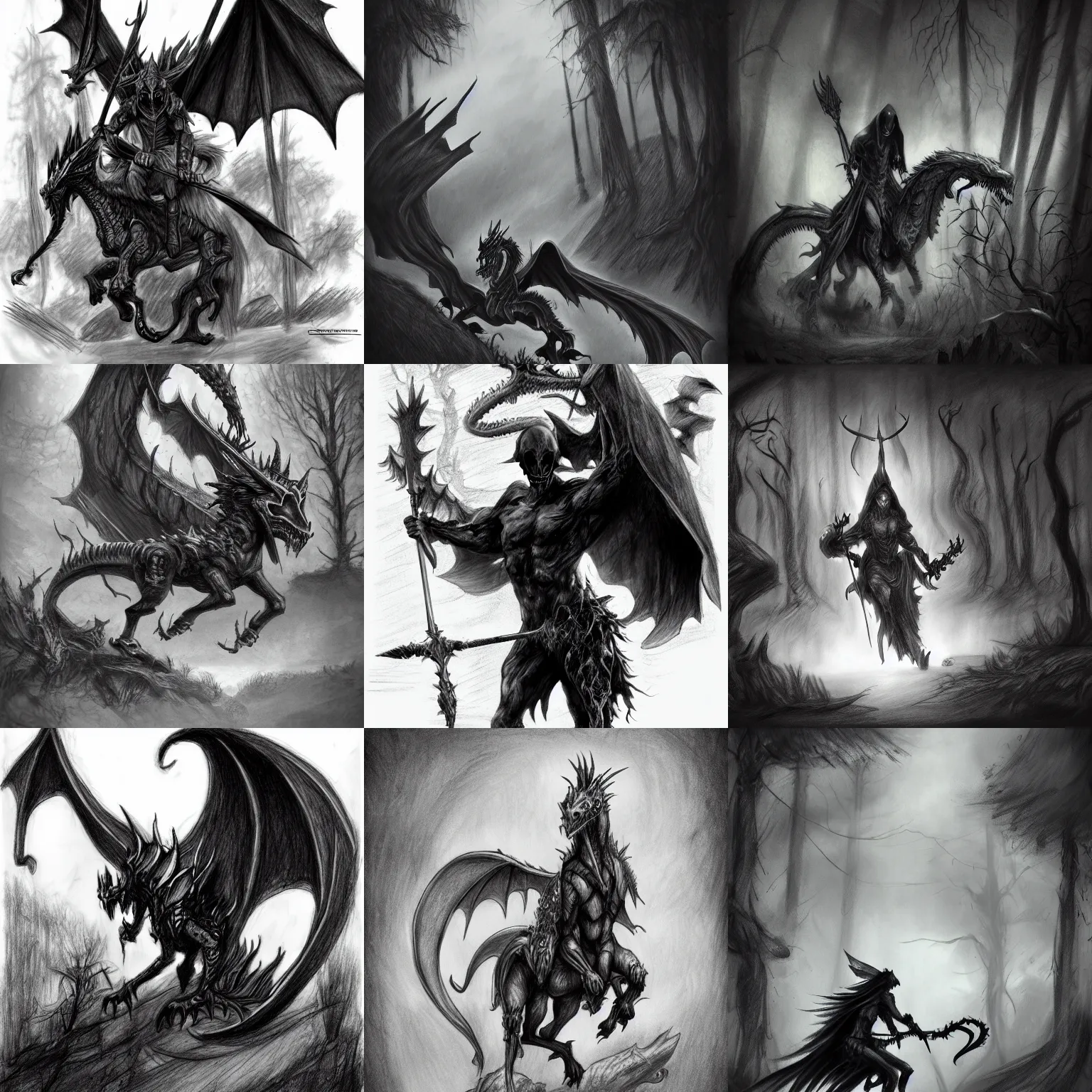 Image similar to Dark Grim Reaper Riding a Mythical Dragon in the forest, Pencil Sketch, Drawing, Black and White, artstation, deviant art, trending