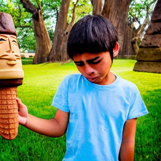 Prompt: a very upset and crying kid holding an ice cream cone with a small moai statue in the ice cream cone, 4 k photograph