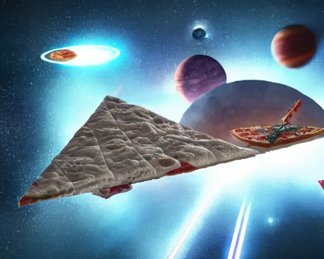 Image similar to a slice of pizza in orbit over a single planet space super star destroyer ship starwars 3 d render starwars clonewars 4 k atmospheric cinematic shot octane render high definition
