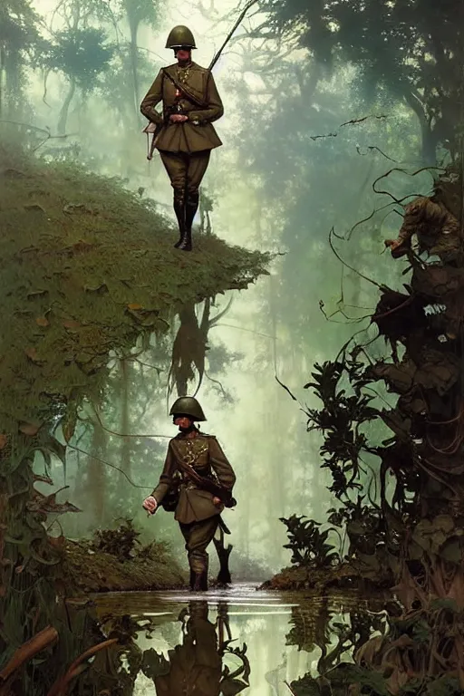 Image similar to two world war 1 soldiers walking in water in a beautiful forest, fantasy highly detailed, intricate, smooth, art by joseph leyendecker, peter mohrbacher, ruan jia, marc simonetti, ayami kojima, cedric peyravernay, alphonse mucha, victo ngai