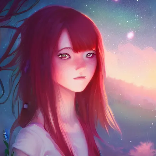 Prompt: digital illustration of a red haired girl with green eyes, wonderful dreamy scene with fireflies, intricate, hyper fine details, deviantart, artstation, studio ghibli