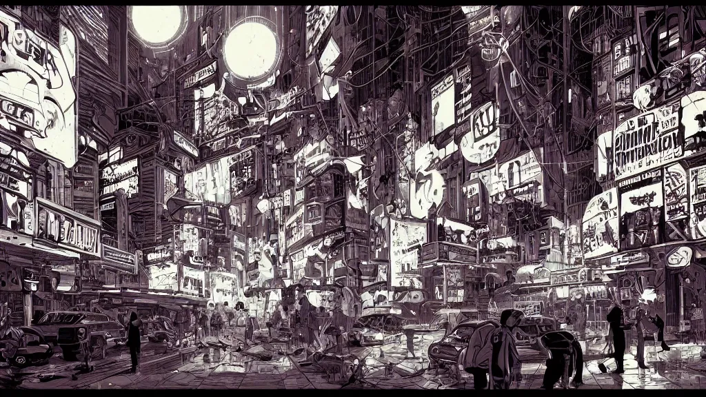 Image similar to very detailed, prophet graphic novel, ilya kuvshinov, mcbess, rutkowski, simon roy, illustration of a cyberpunk nightclub, wide shot, colorful, deep shadows, briliant lights