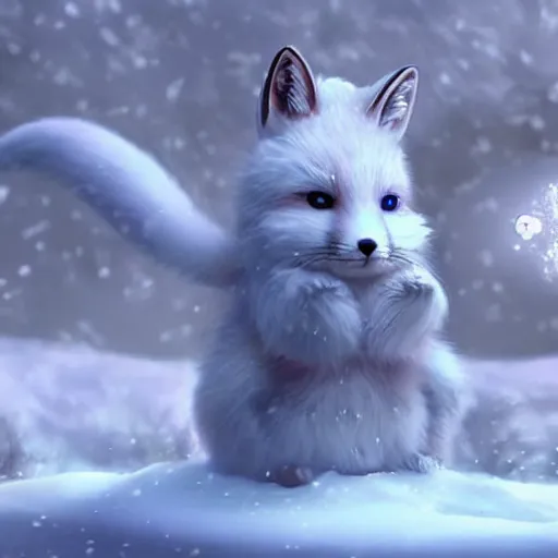 Image similar to hyper realistic snowfox in a fantasy movie casting a healing spell