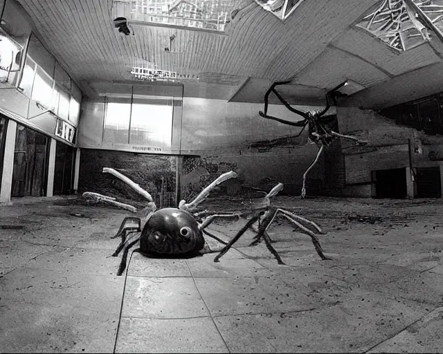 Image similar to camera footage of a Gigantic spider in an abandoned shopping mall, high exposure, dark, monochrome, camera, grainy, CCTV, security camera footage, timestamp, zoomed in, fish-eye lens, spiders, spider, spider, spider,