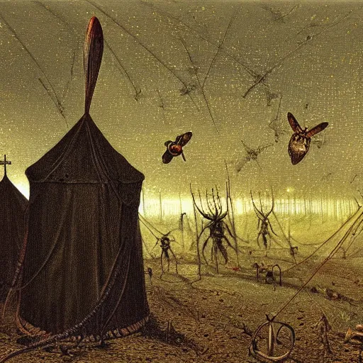 Prompt: painting of a hr giger tent in a landscape covered in moths, light beams night, casper david friedrich