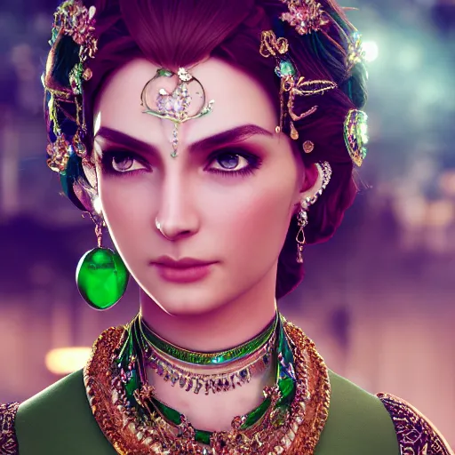 Image similar to photograph of wonderful princess with smooth fair skin, green jewelry, breathtaking, elegant, ornate, intricate, hyper detailed, accent lighting, dramatic light, 4 k octane render