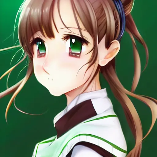 Image similar to beautiful anime high school girl, complete body view, brown hair, ponytail, white ribbon, green eyes, full perfect face, slightly smiling, detailed school background, drawn by Artgerm, Sasoura, Satchely, no distorsion