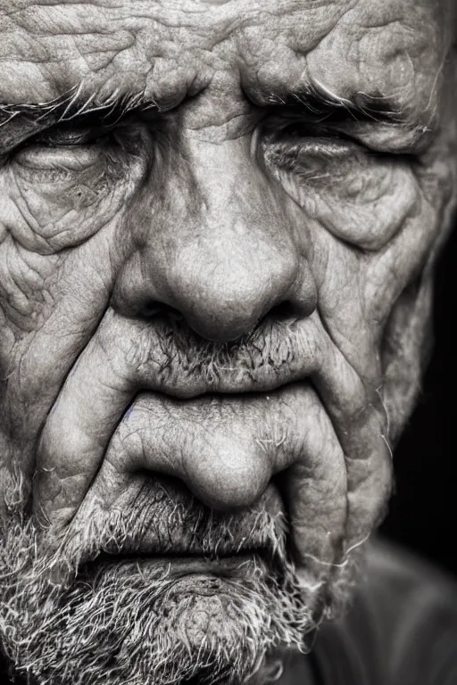 Image similar to a hyper realistic close up portrait of an old man with a solemn look and deep expression in his eyes, oil on canvas, highly detailed, strong lighting, cinematic, HD, 4K