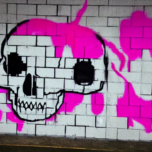 Image similar to a skull spray painted on a wall with dripping pink spray paint, pixel art