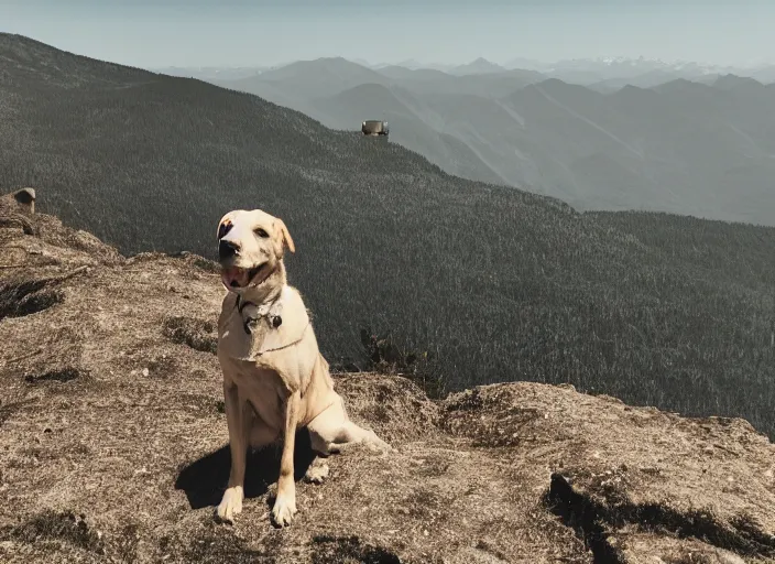 Prompt: a photograph of a dog on a mountain, rule of thirds