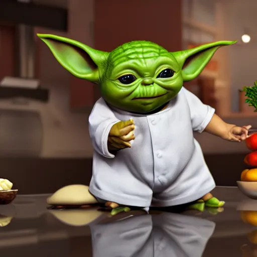 Prompt: curious mouth agape innocent tiny overweight chubby baby yoda as chef wearing white chefs hat and white apron, offering a plate of food, vegetables, photography, hyperrealism, unreal engine, octane 3 d render, houdini, unity 3 d