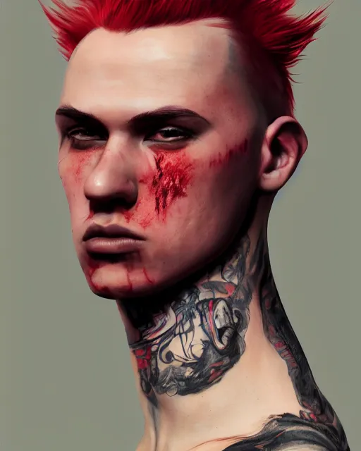 Prompt: young man with a short red mohawk, slim face, piercings, dressed in crustpunk clothing, headshot, attractive, handsome, model, trending on artstation, high quality art, character design, realism art, award winning art, clean face, by mandy jurgens, in color, digital painting, realistic shading, no makeup, no tattoos, no facial hair