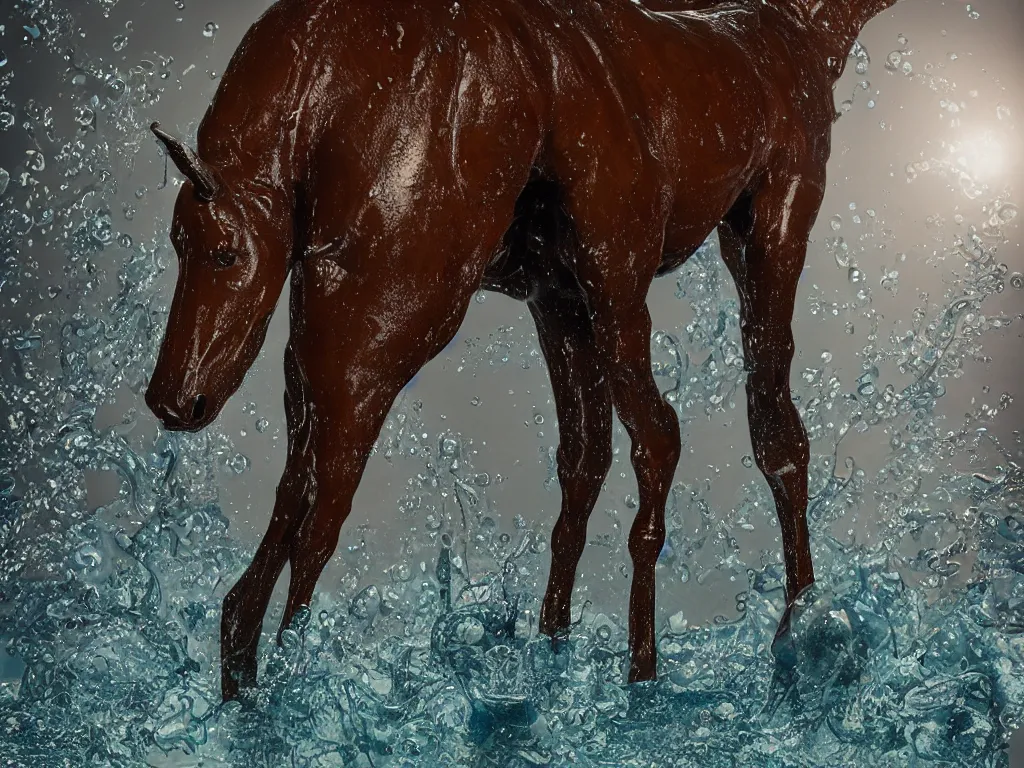 Image similar to a photo-real glazed ceramic sculpture of a mule, standing in an ocean of bubbly water, micro detail, backlit, studio light