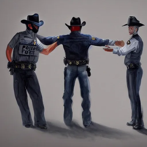 Image similar to A police officer arresting a cowboy, trending on art station