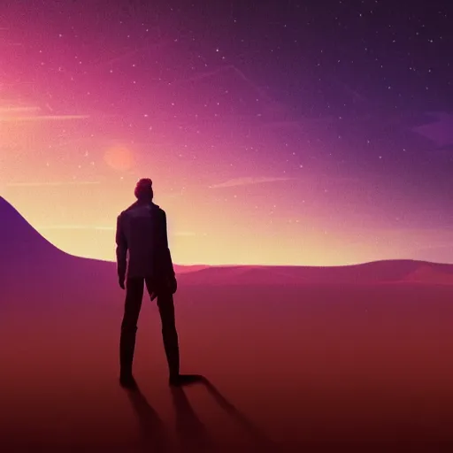 Image similar to realistic man standing in high desert, cyberpunk, digital art, trending on artstation, neon, desert, stars, vaporwave, retrowave, synthpop, 1 9 8 0 s, colorful, glowing, purple