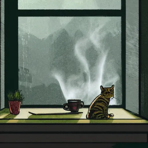 Image similar to Window view of a tabby cat sitting next to a steaming cup of tea on a messy desk, in the background in a green garden on a rainy day, high contrast, dramatic lighting, graphic novel, art by Ardian Syaf and Pepe Larraz,