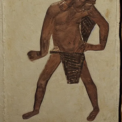 Image similar to a scrappy bronze age thief man, ancient mesopotamia, hiding, opportunistic expression, sword and sandal character portrait by anna archer, charles angrand