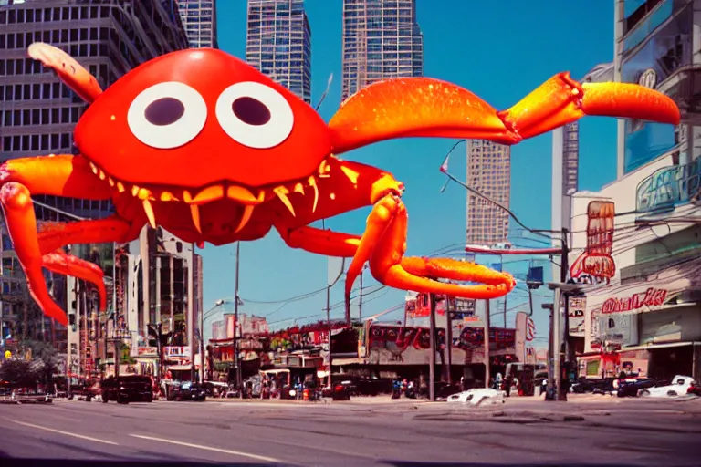 Prompt: 2 0 1 5 cute giant crab terrorizing a city, googie city, americana, fishcore, exterior photography, hd 8 k, photography cinestill