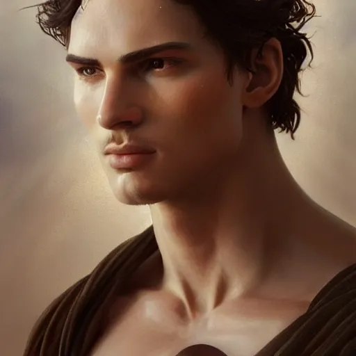 Image similar to Perfectly-centered portrait-photograph of a real life Greek god, lifelike, super highly detailed, professional digital painting, artstation, concept art, Unreal Engine 5, Photorealism, HD quality, 8k resolution, cinema 4d, 3D, beautiful, cinematic, art by artgerm and greg rutkowski and alphonse mucha and loish and WLOP