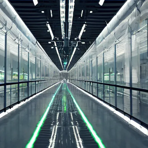 Image similar to inside of a translucent hyperfuturistic factory walkway