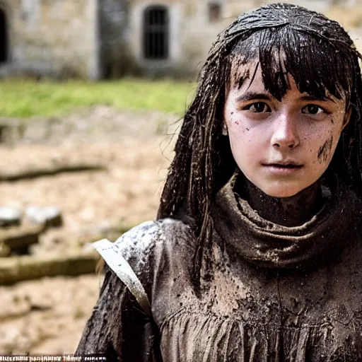 Prompt: a young girl of 1 5 years with black hair in a muddy medieval village square has raised her father from the dead to protect her from angry villagers