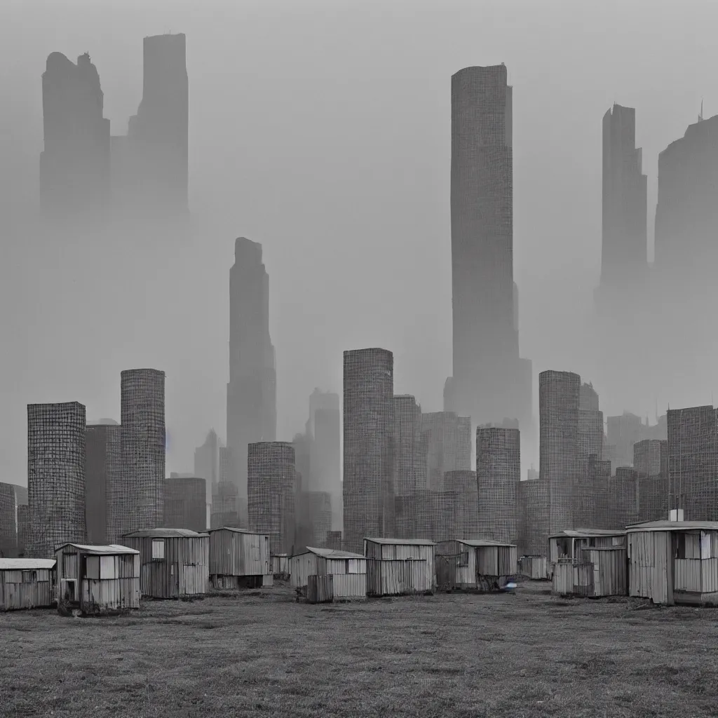 Image similar to towers made up of colourful makeshift squatter shacks, pastel tones, plain uniform sky at the back, misty, mamiya rb 6 7, ultra sharp, very detailed, photographed by ludwig mies van der rohe