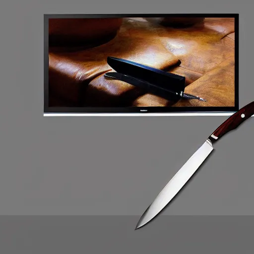 Prompt: very long knife inserted into a flat screen tv, photorealistic