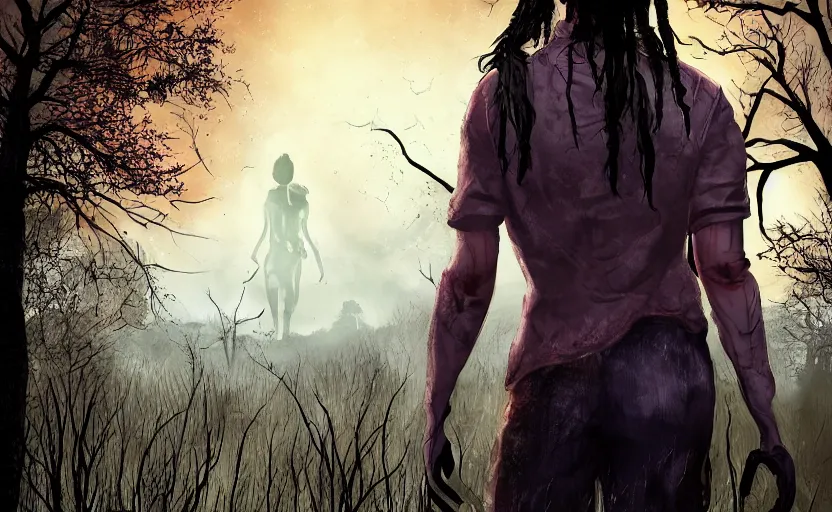 Prompt: view from behind a dead by daylight killer with long hair reaching up to a night sky, stars aligning, character portrait, digital art