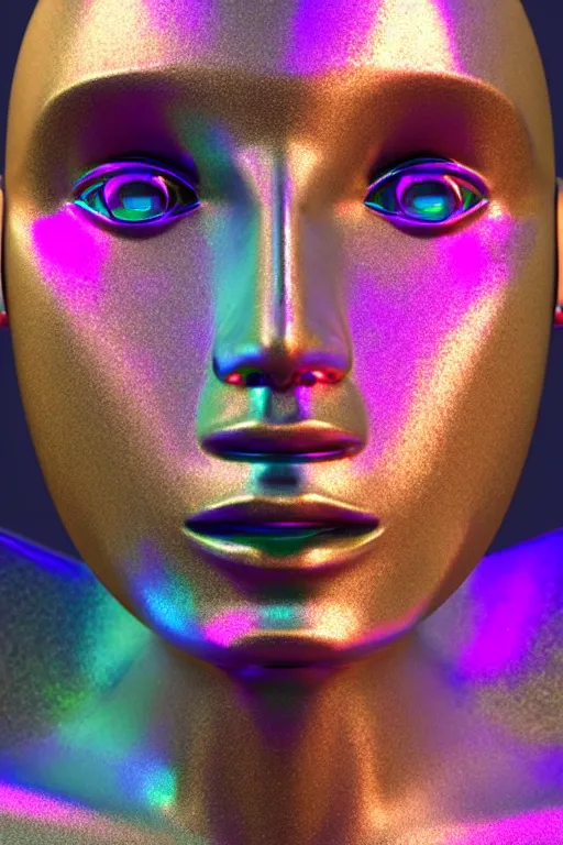 Image similar to 3d render of holographic human robotic bust made of glossy iridescent, bust, surrealistic 3d illustration of a human non-binary, non binary model, 3d model human, cryengine, made of holographic texture, holographic material, holographic rainbow, concept of cyborg and artificial intelligence