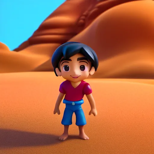 Image similar to profile view of young aladdin as nendoroid walking in a desert, disney, pixar, 8 k, hd, dof, kodak film, volumetric lighting, subsurface scattering, photorealistic, octane render, details